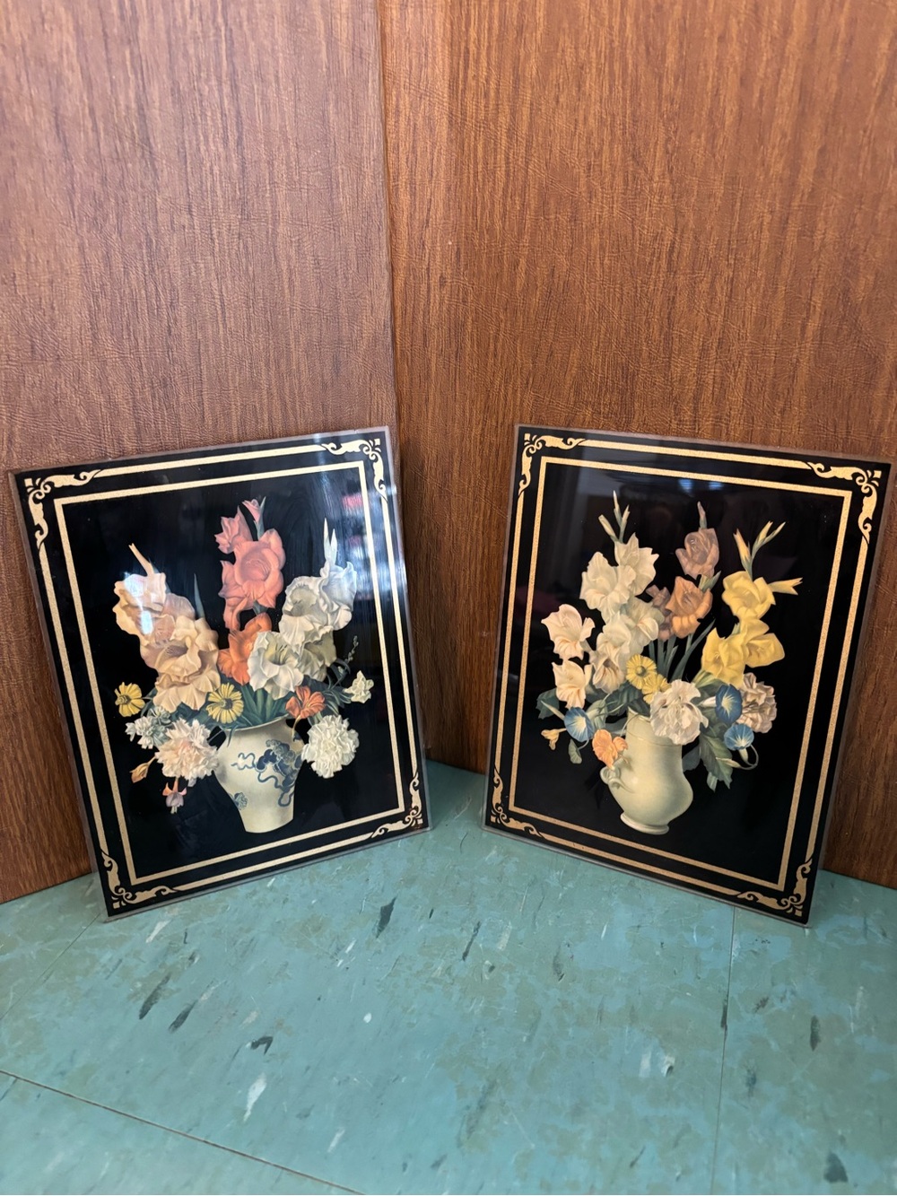 Set 2 vintage three-dimensional floral art picture 1940’s moody black bouquet